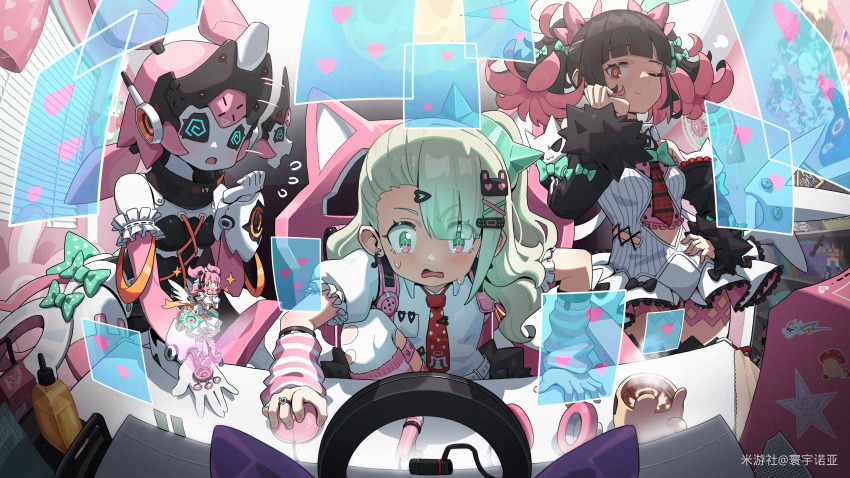 4girls @_@ absurdres afterimage arm_warmers asymmetrical_bangs bandaid bandaid_hair_ornament bare_shoulders black_hair blunt_bangs blush_stickers boots bow bright_pupils cat_hair_ornament chair character_request chinatsu_remiel chinese_commentary colored_inner_hair commentary_request computer_mouse cup desk detached_sleeves dress dual_persona earrings eighth_note electric_fan fisheye flying_sweatdrops frilled_dress frills gaming_chair green_eyes grey_hair hair_bow hair_ornament hairclip headphones heart highres hologram holographic_monitor hot_chocolate humanoid_robot hyny indoors jewelry knee_up long_hair low_wings miyoushe_watermark mug multicolored_eyes multicolored_hair multiple_girls musical_note musical_note_earrings my_little_pony my_little_pony:_friendship_is_magic necktie nervous_sweating one_eye_closed panicking pink_bag pink_eyes pink_hair ponytail puffy_detached_sleeves puffy_short_sleeves puffy_sleeves rainbow_dash red_eyes red_necktie robot robot_girl rokudu_sariel shirt short_sleeves sitting sleeve_bow smile sparkle sparkling_aura sweat swivel_chair teeth thighhighs torn_clothes torn_thighhighs twintails twirling_hair two-tone_eyes upper_teeth_only watermark wavy_mouth webcam white_dress white_shirt wings yutane_johiel zenless_zone_zero zettai_ryouiki