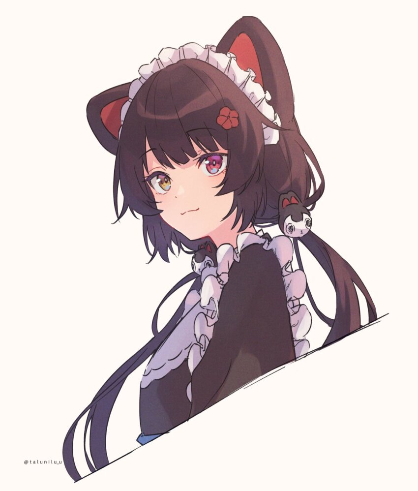 1girl animal_ears animal_hair_ornament breasts brown_hair brown_kimono closed_mouth commentary cropped_shoulders dog_ears flower frills from_side hair_flower hair_ornament heterochromia highres inui_toko inui_toko_(1st_costume) japanese_clothes kimono long_hair looking_at_viewer looking_to_the_side low_twintails maid_headdress medium_breasts nijisanji red_eyes simple_background smile solo symbol-only_commentary talunilu_uu3 twintails twitter_username virtual_youtuber white_background white_headdress yellow_eyes
