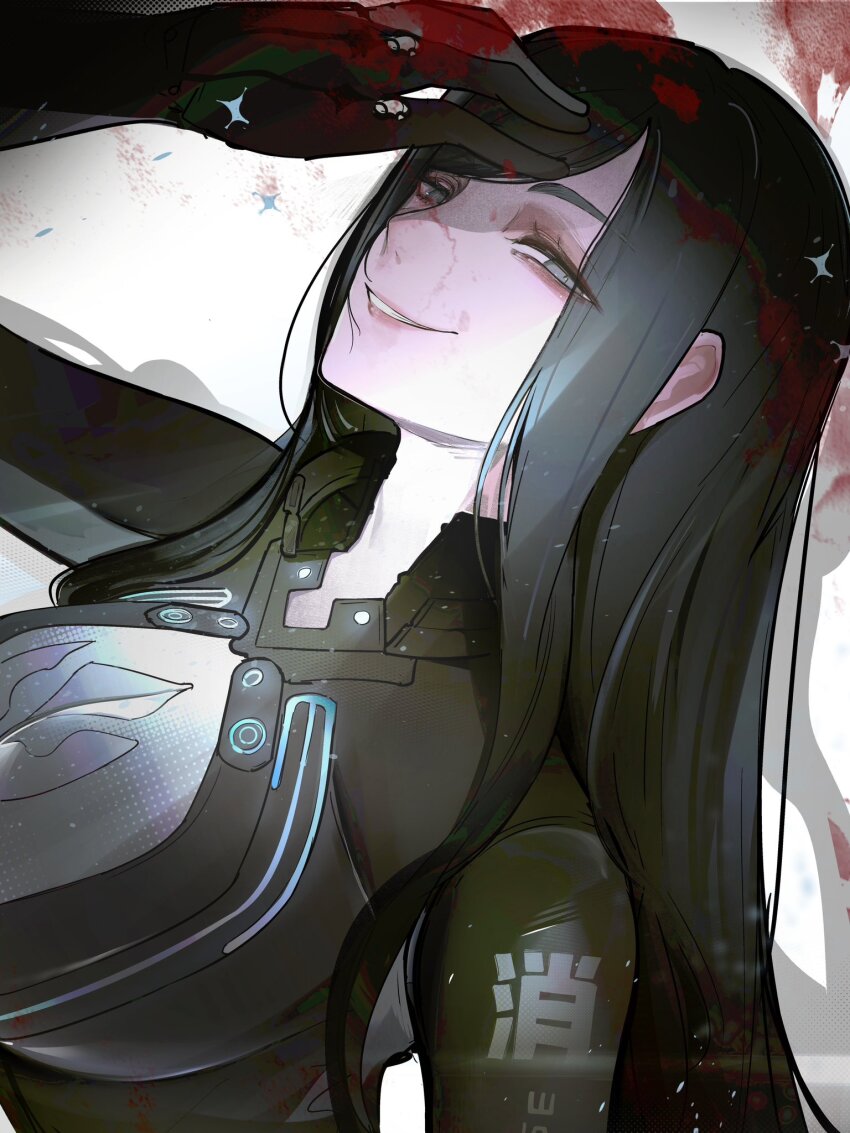 1girl amirun black_bodysuit black_hair black_jacket blood blue_eyes bodysuit breasts commentary english_commentary evil_smile hand_on_own_head highres jacket korean_text large_breasts long_hair looking_at_viewer raven_(stellar_blade) raven_suit_(stellar_blade) simple_background skin_tight smile solo standing stellar_blade swept_bangs upper_body white_background