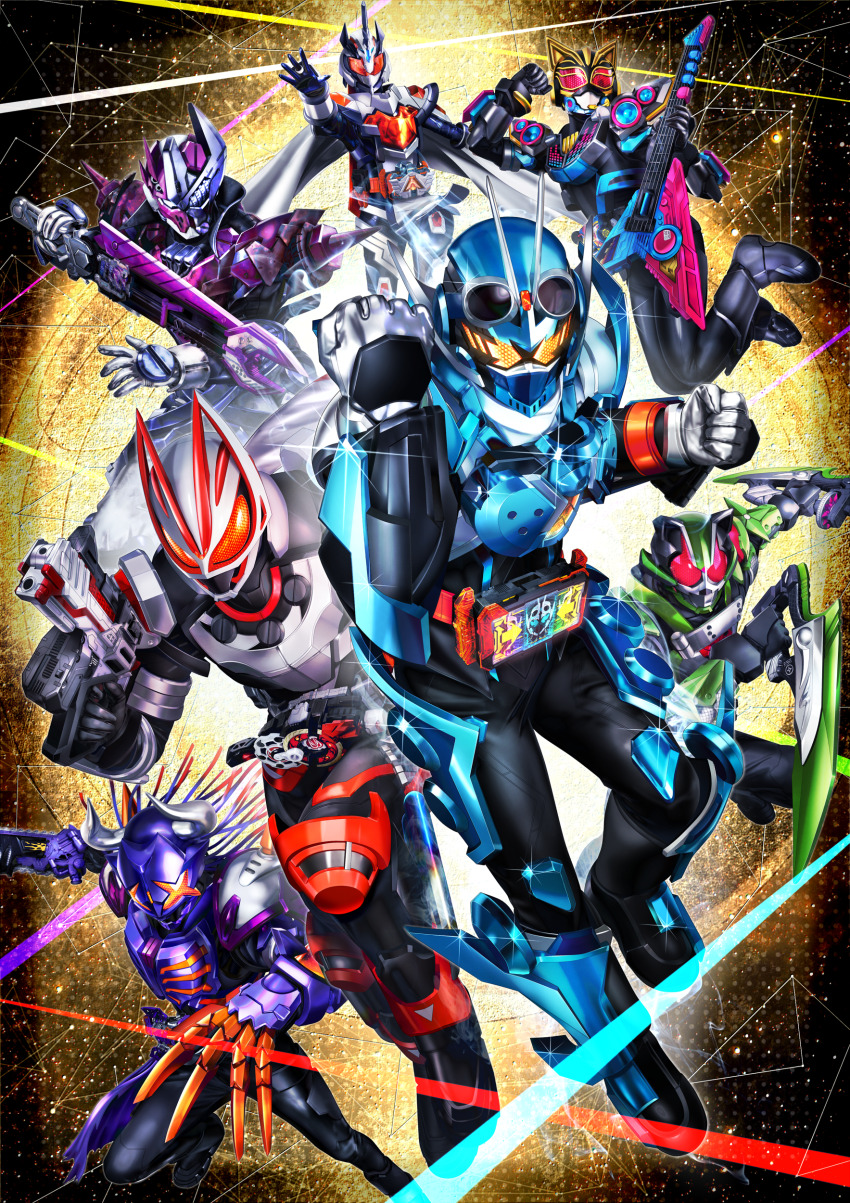 +_+ 2girls 5boys absurdres alchemisdriver animal_ears animal_hands antennae armor asymmetrical_armor axe beat_axe beat_buckle belt black_bodysuit black_border black_footwear black_gloves blue_armor bodysuit bolt_(hardware) boost_buckle boost_mark_ix_buckle boots border buffalo bull cape cat_ears chainsaw claw_(weapon) clenched_hand clenched_hands compound_eyes dashing desire_driver rider_belt dual_wielding electric_guitar fighting_stance fox_ears fox_mask full_body gears geats_buster_qb9 gibson_flying_v gloves glowing glowing_eyes goggles goggles_on_head gotcha_driver gradient_background green_armor green_background guitar gun gunblade headset helmet highres holding holding_gun holding_instrument holding_sword holding_weapon horns instrument jewelry kamen_rider kamen_rider_buffa kamen_rider_geats kamen_rider_geats_(series) kamen_rider_geats_ix kamen_rider_gotchard kamen_rider_gotchard_(series) kamen_rider_majade kamen_rider_na-go kamen_rider_tycoon keytar kitsune leg_armor leg_up long_hair looking_at_viewer magnum_boost magnum_buckle magnum_shooter_40x mask masukudo_(hamamoto_hikaru) microphone multiple_boys multiple_girls music ninja ninja_buckle ninja_dueler open_hands orange_armor orange_eyes outstretched_arms pants playing_instrument purple_armor purple_background purple_hair raccoon_ears raise_buckle red_armor red_background red_eyes reiwa reverse_grip rider_belt ring running scarf shoulder_spikes spikes spread_legs steam_hopper sununicorn sword tanuki tokusatsu unicorn valvarad valvarusher walking weapon wheel white_armor white_cape white_eyes white_gloves white_pants white_scarf wind wrench yellow_eyes zombie_breaker zombie_buckle