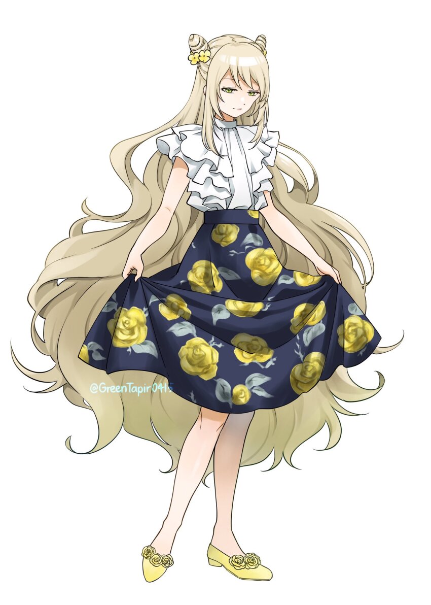 1girl blonde_hair celine_(fire_emblem) double_bun fire_emblem fire_emblem_engage floral_print flower frilled_shirt frills full_body green_eyes hair_bun hair_flower hair_ornament highres long_hair midori_no_baku nintendo shirt shoes twitter_username very_long_hair yellow_flower yellow_shoes