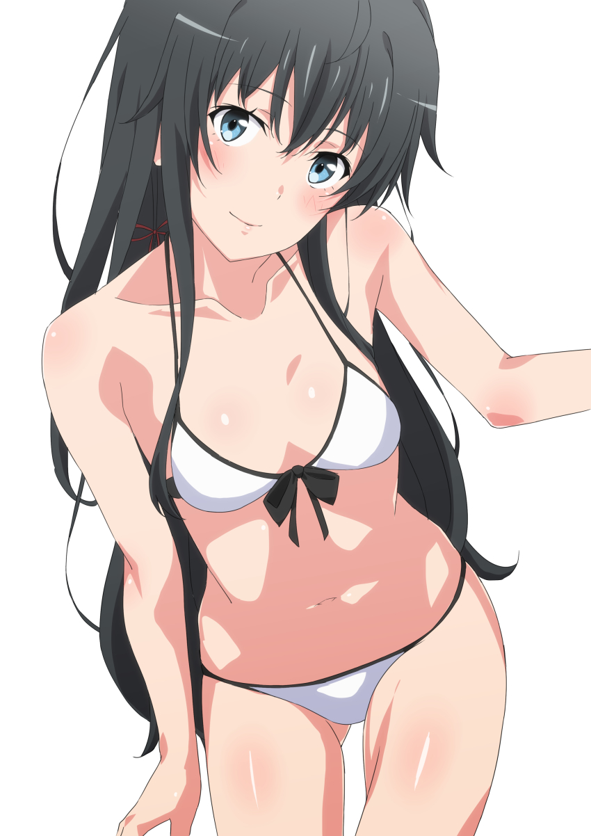 1girl absurdres bikini black_hair blue_eyes blush breasts closed_mouth collarbone commentary_request hair_ribbon head_tilt highres long_hair looking_at_viewer navel red_ribbon ribbon shou937 sidelocks simple_background small_breasts smile solo swimsuit upturned_eyes white_background white_bikini yahari_ore_no_seishun_lovecome_wa_machigatteiru. yukinoshita_yukino