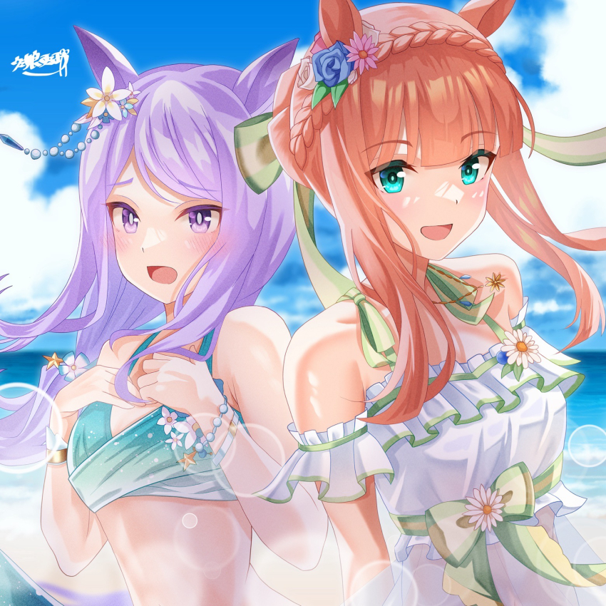2girls aqua_eyes flower hair_flower hair_ornament highres horse_girl looking_at_viewer mejiro_mcqueen_(ripple_fairlady)_(umamusume) mejiro_mcqueen_(umamusume) multiple_girls ocean orange_hair outdoors purple_eyes purple_hair silence_suzuka_(emerald_on_the_waves)_(umamusume) silence_suzuka_(umamusume) smile suzukatore swimsuit umamusume upper_body