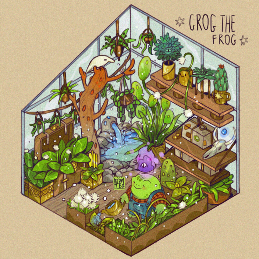 absurdly_detailed_composition albabg artist_logo artist_name bird blue_overalls box cactus commentary container creature denim english_commentary flower fountain frog frog_boy full_body grass hanging_plant highres holding holding_watering_can interior isometric leaf loaded_interior logo original overalls plant potted_plant scenery shelf simple_background smile solo standing tree water watering_can