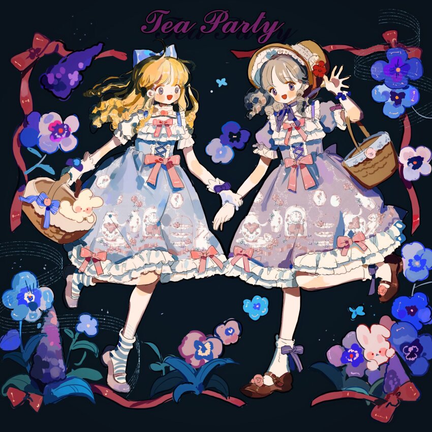 2girls ankle_socks basket black_background blonde_hair blue_bow blue_butterfly blue_dress blue_flower blue_socks blush_stickers bonnet bow bow_legwear bracelet brown_eyes brown_footwear brown_hair brown_headwear bug butterfly center_frills commentary commission cross-laced_clothes cross-laced_dress dress dress_bow drill_hair elbow_carry english_commentary english_text eyelashes flower flower_bracelet footwear_flower frilled_dress frilled_hat frilled_sleeves frills full_body gloves grey_footwear hair_bow hand_up hat hat_flower highres holding holding_another&#039;s_wrist holding_basket insect jewelry lace-trimmed_headwear lace_trim leg_up lolita_fashion long_hair looking_at_another looking_at_viewer mary_janes medium_dress medium_hair multiple_girls neck_ribbon open_mouth orchid original pink_bow pink_flower pink_rose puffy_short_sleeves puffy_sleeves purple_bow purple_dress purple_flower purple_ribbon putong_xiao_gou rabbit red_bow red_flower ribbon rose shoes short_sleeves sleeve_bow smile socks square_neckline striped_bow striped_clothes striped_socks two-tone_socks waist_bow waving white_gloves white_socks wrist_bow