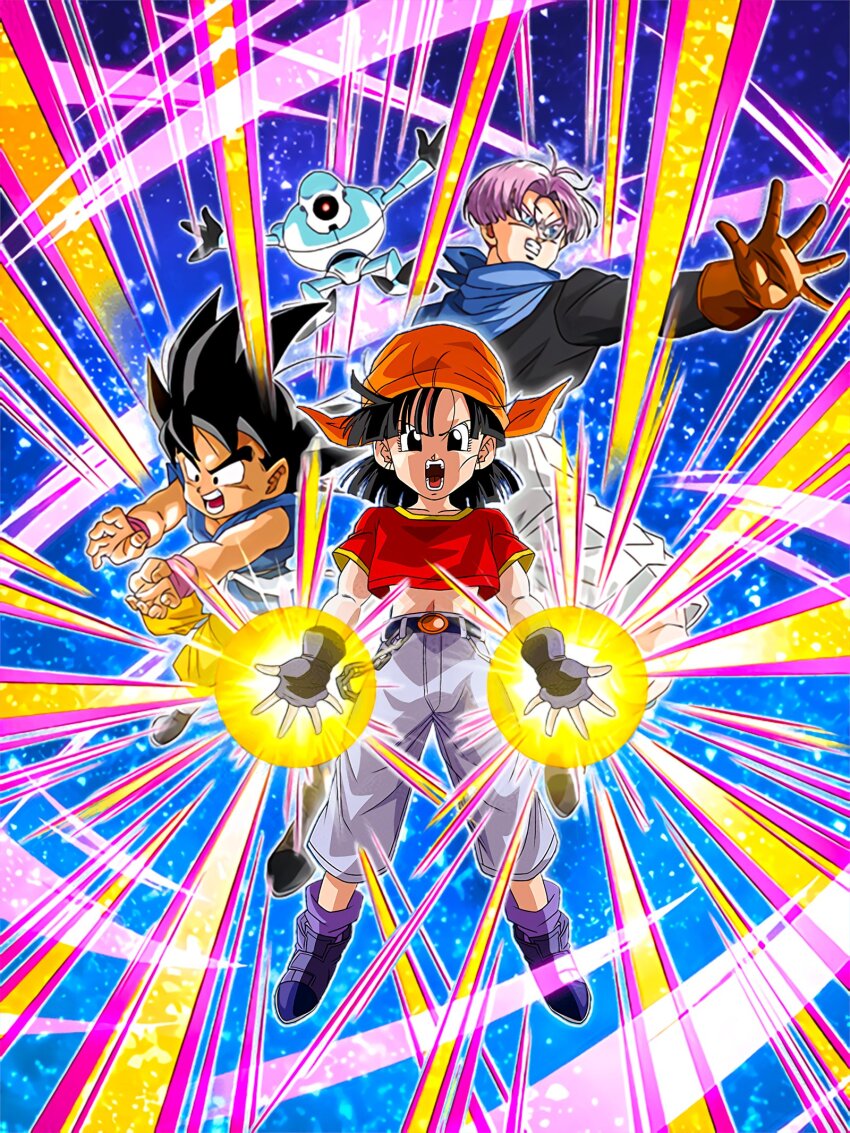 1girl 2boys dokkan_battle dragon_ball dragon_ball_gt giru_(dragon_ball) highres ki_blast multiple_boys official_art pan_(dragon_ball) son_goku trunks_(dragon_ball)