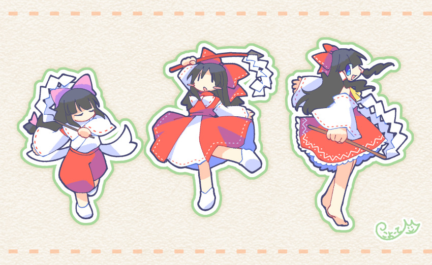 1girl barefoot black_hair blue_eyes blush_stickers bow detached_sleeves gohei hair_bow hair_tubes hakurei_reimu highres holding holding_gohei multiple_views nontraditional_miko pants pink_hair red_pants touhou yuzuhamaru