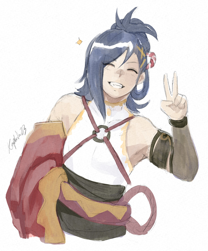 1boy bare_shoulders blue_hair closed_eyes dark_blue_hair facing_viewer fire_emblem fire_emblem_engage folded_ponytail highres japanese_clothes kagetsu_(fire_emblem) kaphrin male_focus nintendo smile solo v