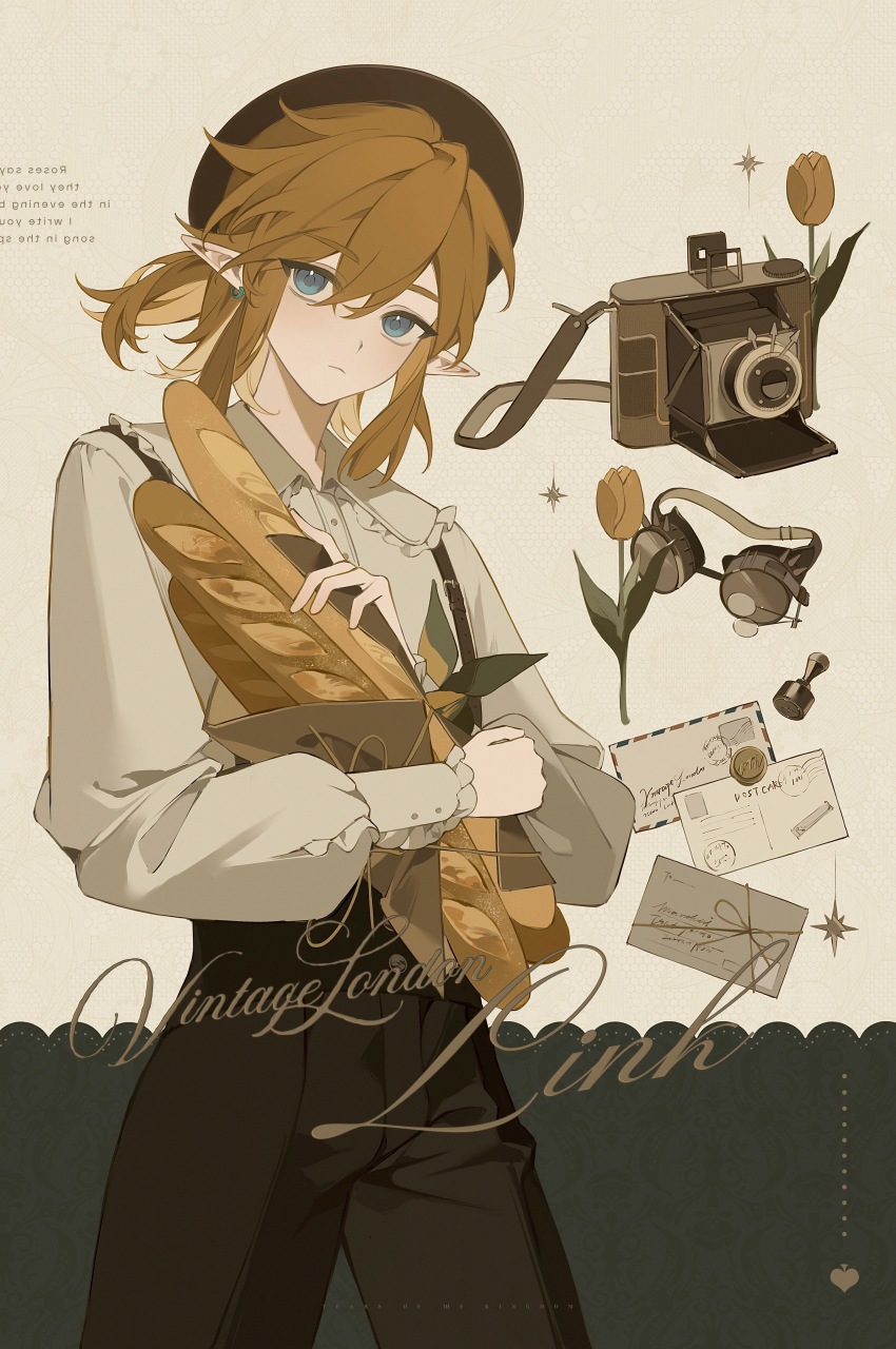 1boy absurdres baguette beret blue_eyes bread brown_hair brown_hat brown_pants camera character_name closed_mouth earrings expressionless flower food hair_between_eyes hat high-waist_pants highres holding holding_food jewelry lamblab0824 letter link long_hair long_sleeves looking_at_viewer male_focus nintendo pants pointy_ears shirt solo the_legend_of_zelda tulip wax_seal wax_stamp yellow_flower yellow_tulip