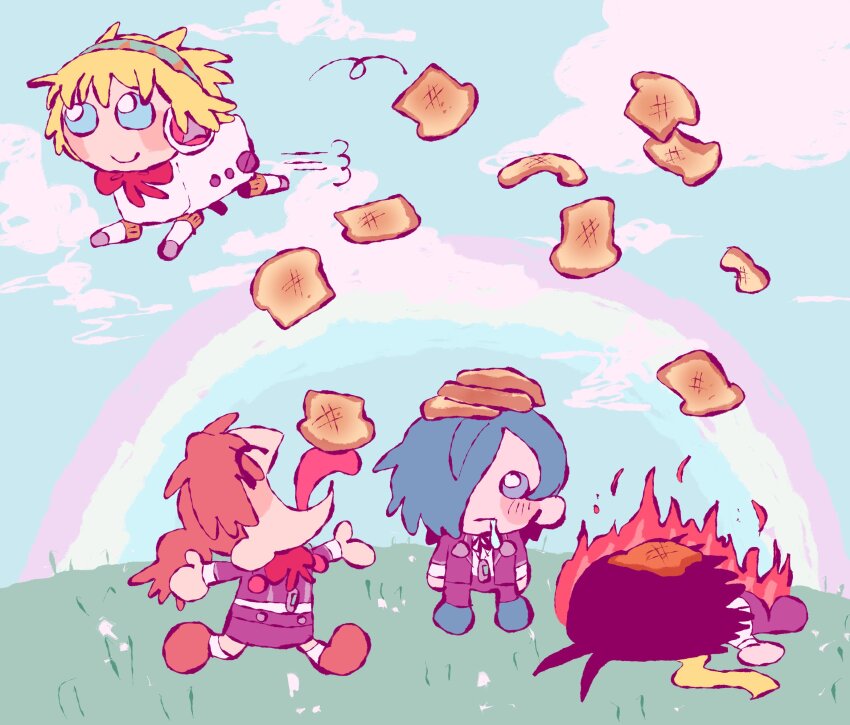 2boys 2girls :| aigis_(persona) black_hair black_pants black_skirt black_trim blonde_hair blue_eyes blue_hair blue_shoes blue_sky bow bread brown_shoes burning chibi chibi_only closed_mouth cloud cloudy_sky digital_media_player fire food gekkoukan_high_school_uniform grass hair_slicked_back headphones highres jukgidoraon long_scarf mechanical_legs mochizuki_ryouji multiple_boys multiple_girls on_grass pants rainbow red_bow robot_ears robot_girl s.e.e.s scarf school_uniform shiomi_kotone shirt shoes short_hair skirt sky smile socks toaster tongue white_socks yellow_scarf yuuki_makoto_(persona_3)