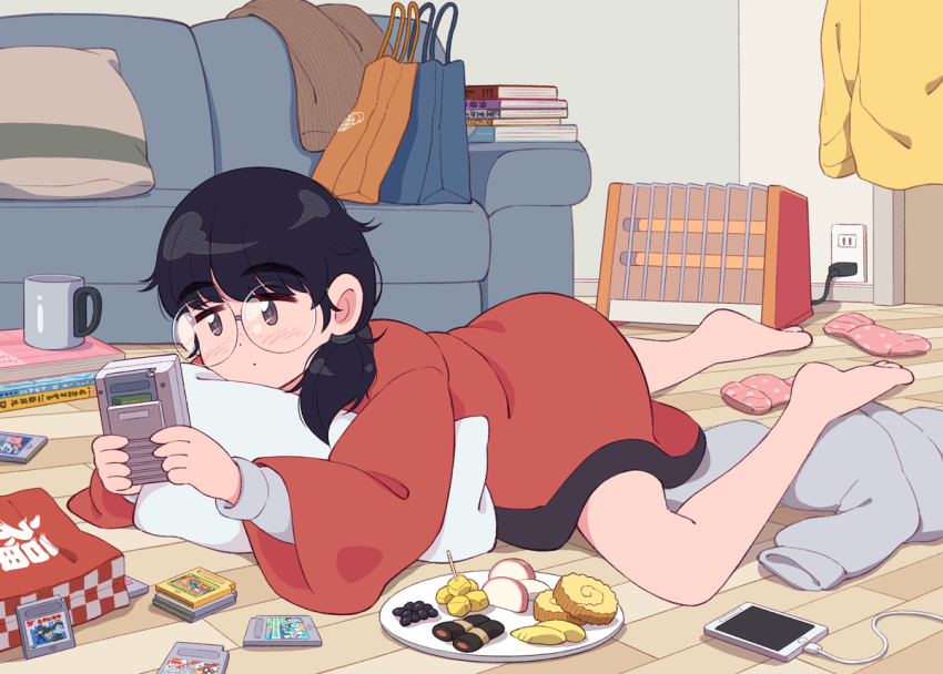1girl aragon_honnin bag barefoot black_hair blue_bag blush book cellphone charging_device couch cup electrical_outlet female_focus food full_body game_boy game_boy_(original) glasses handheld_game_console holding holding_handheld_game_console indoors jimiko long_hair lying medium_hair mug mug_writing on_stomach orange_bag original phone pillow plate playing_games smartphone solo swept_bangs