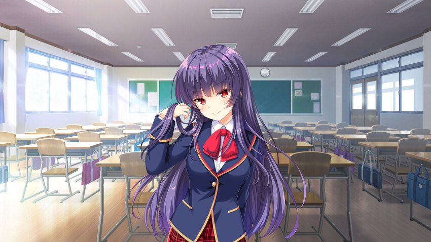 1girl blazer blue_jacket bow brown_hair classroom closed_mouth day desk girlfriend_(kari) grey_legwear indoors jacket kagurazaka_saya leggings long_hair looking_at_viewer official_art plaid_clothes plaid_skirt pleated_skirt purple_hair qp:flapper red_bow red_eyes red_skirt school school_desk school_uniform shirt short_sleeves skirt smile standing tagme white_shirt