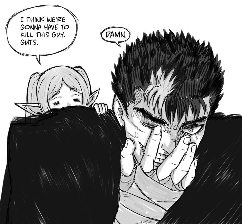 1boy 1girl =_= bandaged_arm bandages basedlida berserk black_hair commentary crossover elf english_commentary english_text evil_smile frieren greyscale guts_(berserk) hand_on_another&#039;s_shoulder hand_on_own_face i_think_we&#039;re_gonna_have_to_kill_this_guy_steven_(meme) meme monochrome multicolored_hair one_eye_closed parted_bangs pointy_ears scar scar_on_face short_eyebrows smile sousou_no_frieren speech_bubble sweatdrop twintails white_hair