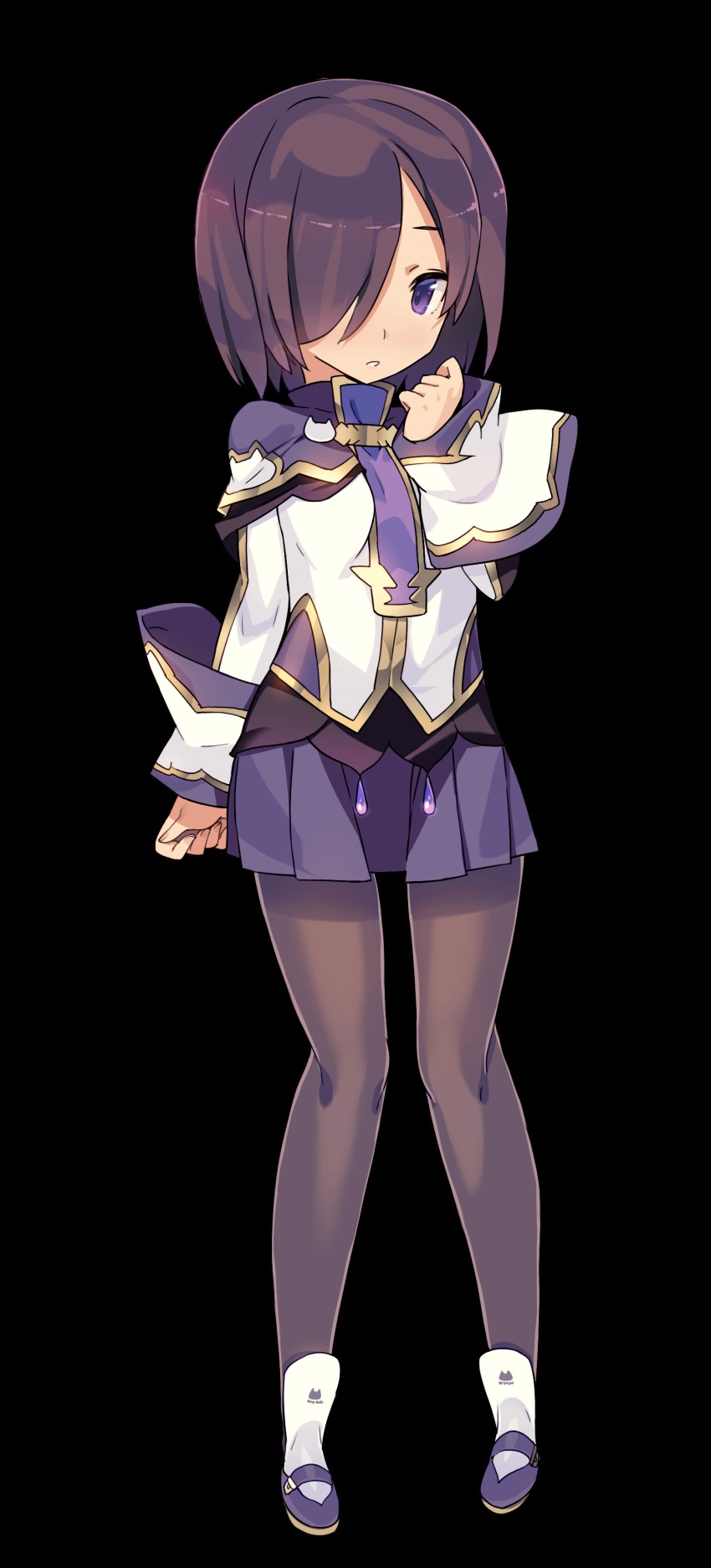 1girl absurdres black_pantyhose blade_(galaxist) blush female_focus full_body hair_over_one_eye highres official_art pantyhose pleated_skirt pop-up_story purple_eyes purple_hair short_hair simple_background skirt solo transparent_background ursula_raiment white_background