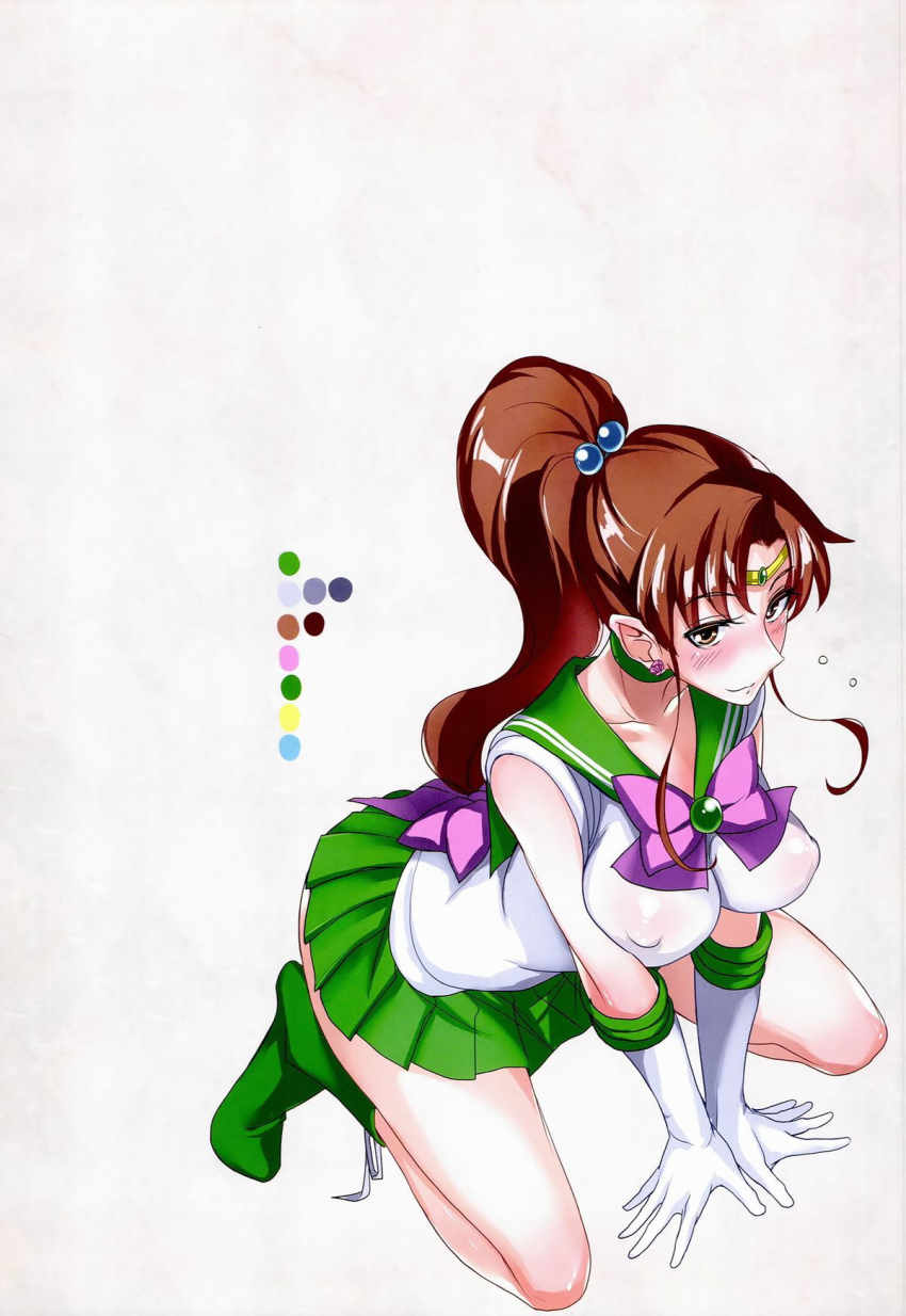 1girl all_fours bishoujo_senshi_sailor_moon blush boots bow breasts breath brown_hair choker color_guide covered_erect_nipples earrings elbow_gloves female_focus from_above gloves green_boots green_skirt high_heels highres isao jewelry kino_makoto kneeling large_breasts long_hair magical_girl miniskirt pink_bow ponytail purple_eyes sailor_collar sailor_jupiter scan see-through_clothes shoes skirt sleeveless solo tiara v_arms white_gloves