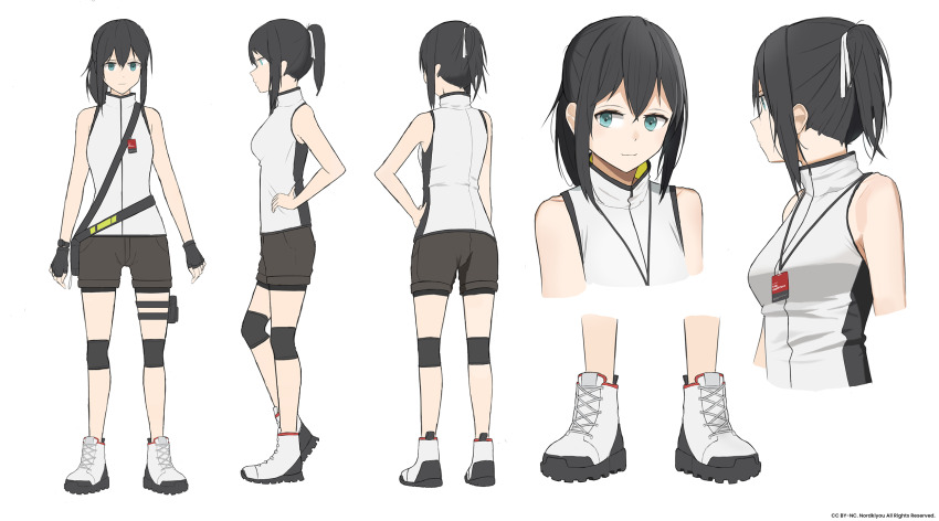 1girl bag bare_arms bare_shoulders bike_shorts black_gloves black_hair black_trim brown_shorts reference_sheet closed_mouth commentary_request cropped_torso english_text fingerless_gloves from_behind from_side full_body gloves green_eyes hair_between_eyes hair_ribbon high_heel_sneakers high_tops highres id_card knee_pads medium_hair multiple_views no_socks northkiyou original ponytail portrait ribbon shirt shoes short_ponytail shorts shoulder_bag sidelocks signature sleeveless sleeveless_shirt sneakers socks standing two-tone_shirt white_background white_footwear white_ribbon white_shirt white_socks zipper