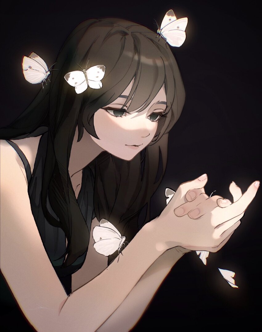 1girl bare_shoulders black_background black_shirt brown_eyes brown_hair bug butterfly butterfly_on_arm butterfly_on_hand butterfly_on_head closed_mouth fingernails hair_between_eyes highres holding_butterfly insect kimura_731 light light_smile long_hair original own_hands_together shirt simple_background sleeveless sleeveless_shirt smile solo upper_body