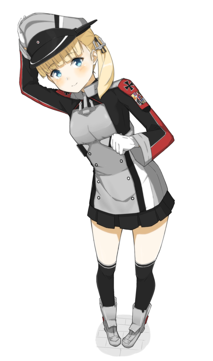 1girl alternate_costume anchor_hair_ornament bigkwl black_skirt black_thighhighs blonde_hair blue_eyes blunt_bangs commentary_request cosplay cross gloves hair_ornament hat highres iron_cross kantai_collection long_hair microskirt military military_uniform over-kneehighs peaked_cap pleated_skirt prinz_eugen_(kancolle) prinz_eugen_(kancolle)_(cosplay) shin&#039;you_(kancolle) side_ponytail skirt smile solo standing thighhighs white_gloves