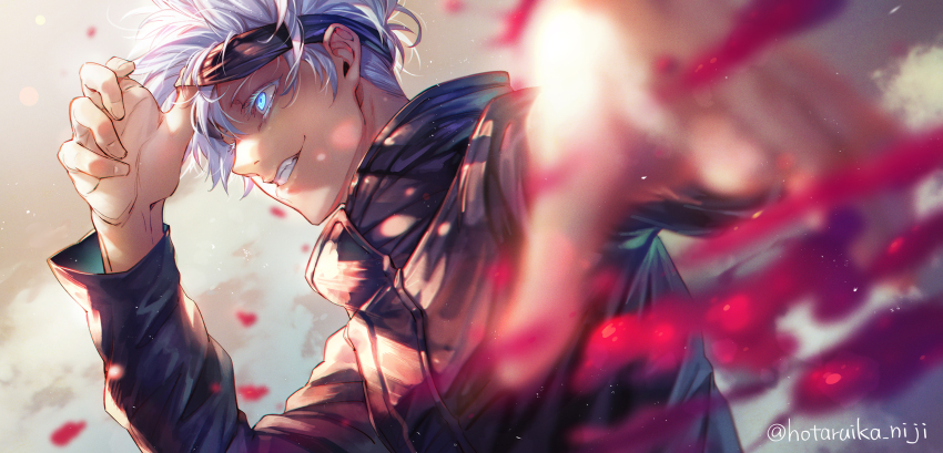 1boy black_jacket blindfold blindfold_lift blood blue_eyes blurry blurry_foreground commentary_request eyelashes gojou_satoru grin hand_up high_collar highres hotaruika_niji jacket jujutsu_kaisen long_sleeves looking_away male_focus profile short_hair smile solo twitter_username upper_body white_hair