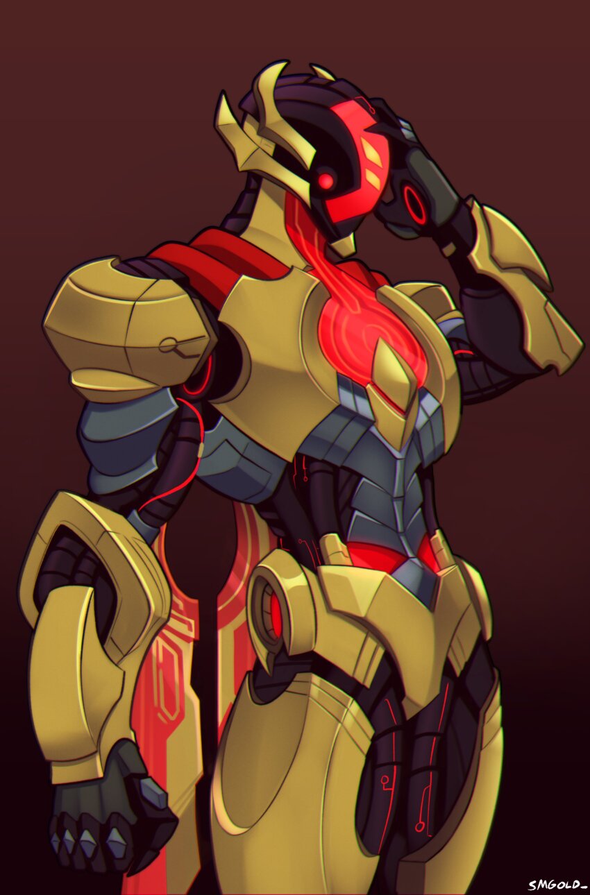 1boy absurdres armor artist_name brown_background clenched_hand copyright_request cowboy_shot gold_armor highres male_focus marvel simple_background smgold solo ultron