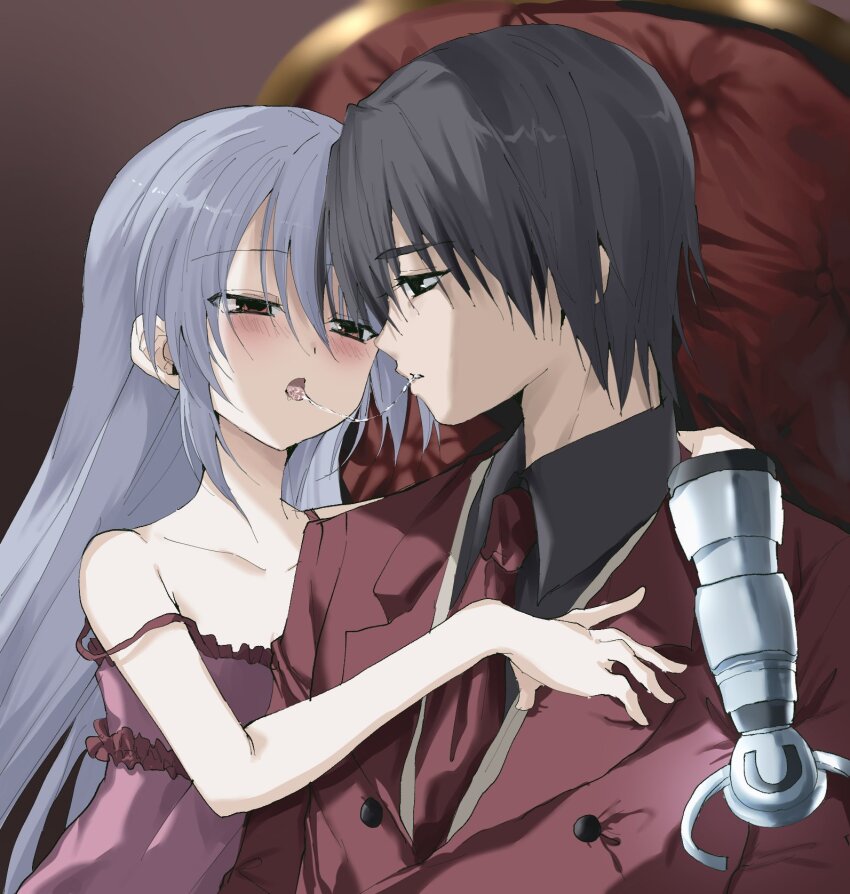 1boy 1girl after_kiss aroused bad_end bare_arms black_eyes black_hair black_shirt blue_hair blush brother_and_sister brown_background collarbone collared_shirt expressionless eye_contact eyes_visible_through_hair grisaia_(series) grisaia_no_rakuen hair_between_eyes half-closed_eyes hand_on_another&#039;s_chest hetero highres incest indoors jacket kasukasugom1 kazami_kazuki kazami_yuuji light_blue_hair long_hair looking_at_another mechanical_arms necktie on_chair open_mouth profile red_eyes red_jacket red_necktie saliva saliva_trail shirt short_hair siblings simple_background single_mechanical_arm spaghetti_strap spoilers strap_slip tongue tongue_out upper_body very_long_hair