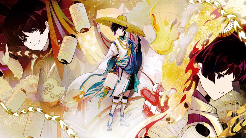 3boys absurdres adapted_costume anemo_symbol_(genshin_impact) aqua_gemstone bead_necklace beads black_bridal_gauntlets black_hair black_leggings black_sandals black_shorts blue_cape blue_sleeves blunt_ends bridal_gauntlets bridge brown_hat cape clothing_cutout eyeliner eyeshadow feathers fox_mask gem genshin_impact gold half-closed_eyes hands_up hat highres holding holding_lantern ichimegasa japanese_clothes jewelry jingasa kariginu kimono lantern layered_sleeves leg_warmers leggings long_sleeves looking_down looking_to_the_side makeup mask momogourami multicolored_hair multiple_boys multiple_persona neck_ring necklace open_mouth paper_lantern pelvic_curtain pom_pom_(clothes) purple_eyes purple_hair purple_kimono purple_sleeves red_eyeliner red_eyeshadow red_hat sandals scaramouche_(genshin_impact) scaramouche_(kabukimono)_(genshin_impact) shorts shoulder_cutout smirk streaked_hair tengu_mask vision_(genshin_impact) wanderer_(genshin_impact) white_leg_warmers white_mouth white_sleeves wide_sleeves yellow_feathers zouri