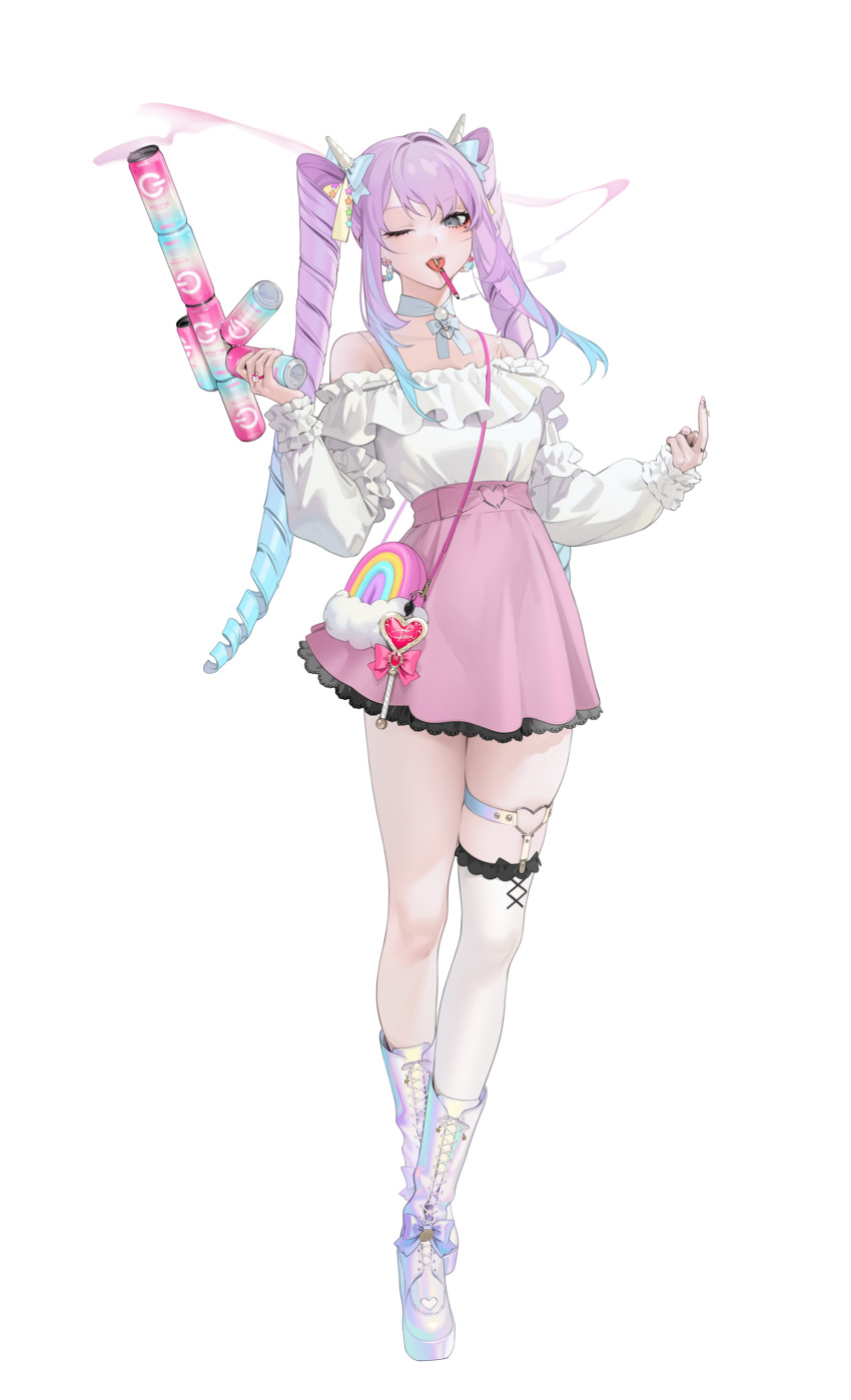 1girl :d ;d absurdres bag bare_shoulders boots bow can cigarette clothes_tucked_in collarbone commentary_request dress drill_hair drill_hair_girl_(ohisashiburi) earrings facial_tattoo footwear_bow forked_tongue full_body hair_bow hands_up heart heart_tattoo highres holding horns index_finger_raised jewelry knee_boots long_hair long_sleeves looking_at_viewer middle_finger multicolored_bag nail_polish o-ring off-shoulder_sweater off_shoulder ohisashiburi one_eye_closed open_mouth original pink_bow pink_hair pink_nails pink_skirt purple_hair ring simple_background skindentation skirt smile smoke solo staff standing sweater tattoo teeth thigh_strap tongue tongue_hold twin_drills twintails white_background white_boots white_horns white_nails white_sweater yami_kawaii