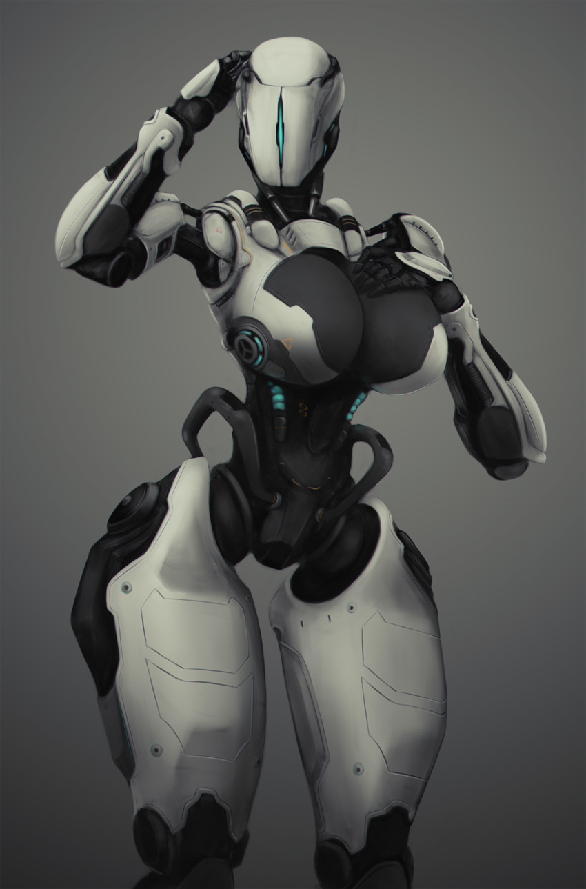 1girl bald bald_female blue_eyes breasts cleavage commentary doom_(2016) doom_(series) doom_eternal english_commentary faceless faceless_female genderswap genderswap_(mtf) grey_background hand_on_own_head highres huge_breasts imp_(impractical) joints metal_skin narrow_waist no_pupils one-eyed robot robot_joints samuel_hayden simple_background solo standing thick_thighs thighs wide_hips