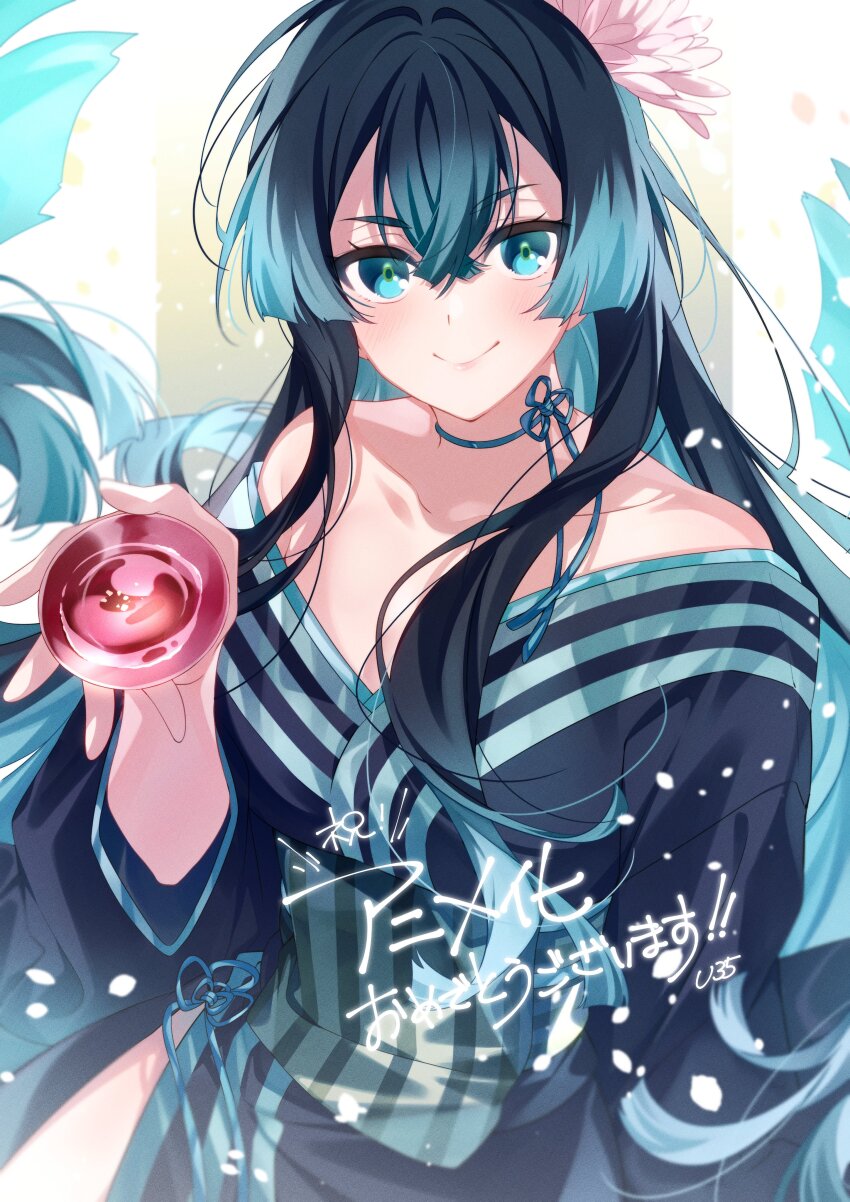 1girl absurdres alcohol bare_shoulders black_hair black_kimono blue_eyes blue_hair carmilla_(yami_healer) cup flower guest_art hair_flower hair_ornament highres holding holding_cup isshun_de_chiryou_shiteita_noni_yakutatazu_to_tsuihou_sareta_tensai_chiyushi_yami_healer_toshite_tanoshiku_ikiru japanese_clothes kimono looking_at_viewer official_art smile translation_request u35
