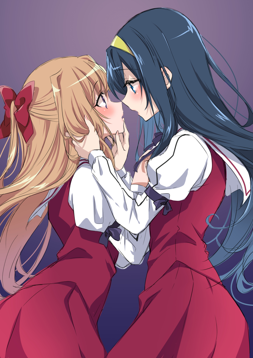 2girls absurdres blonde_hair blue_hair blush bow from_side hair_bow hairband half_updo hand_on_another&#039;s_chin hand_on_another&#039;s_face headband highres himemiya_chikane imminent_hug kannazuki_no_miko kurusugawa_himeko long_hair long_sleeves looking_at_another multiple_girls ototachibana_academy_school_uniform profile puffy_long_sleeves puffy_sleeves purple_background red_bow red_skirt red_vest school_uniform simple_background skirt tottoto_tomekichi very_long_hair vest yellow_headband yuri
