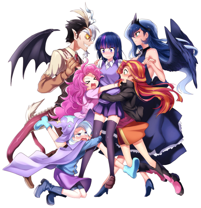 1boy 5girls :d alternate_skin_color aqua_eyes bad_id bad_tumblr_id bat_wings bisexual_female blonde_hair blue_dress blue_hair blunt_bangs blush boots breasts cape clinging closed_eyes collared_shirt colored_sclera crown curly_hair discord_(my_little_pony) dragon_tail dress feathered_wings flustered grin harem hat highres holding_hands horns hug jacket leather leather_jacket long_hair multicolored_hair multiple_girls my_little_pony my_little_pony:_equestria_girls my_little_pony:_friendship_is_magic open_mouth personification pimp pink_hair pinkie_pie pointy_ears princess_luna purple_cape purple_eyes purple_hair purple_hat purple_skirt purple_sweater_vest re_ghotion red_hair shirt sideboob simple_background skirt smile streaked_hair sunset_shimmer sunset_shimmer_(human) sweater_vest tail thighhighs trixie_lulamoon twilight_sparkle very_long_hair white_background white_shirt wings wizard_hat yellow_sclera zettai_ryouiki