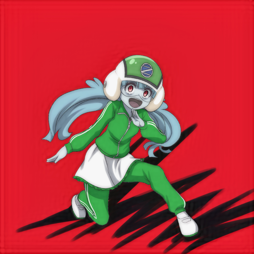 1girl blue_hair blush breasts colored_skin green_helmet green_jacket green_pants grey_skin helmet hoshikawa_lily jacket long_hair long_sleeves looking_at_viewer low_twintails on_one_knee open_mouth pants red_background red_eyes shoes skirt small_breasts smile socks superhero_costume t_jiroo_(ringofriend) teeth track_jacket track_pants track_suit twintails uwabaki white_shoes white_skirt white_socks zombie zombie_land_saga