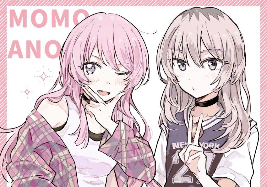 2girls bang_dream! bang_dream!_it&#039;s_mygo!!!!! black_choker black_sweater_vest chihaya_anon cho_nekura choker closed_mouth commentary crossover fang girls_band_cry grey_eyes grey_hair hand_up highres instrument_connection jacket kawaragi_momoka long_hair multicolored_hair multiple_girls one_eye_closed open_mouth pink_hair pink_jacket roots_(hair) shirt sweater_vest tank_top upper_body very_long_hair white_shirt white_tank_top