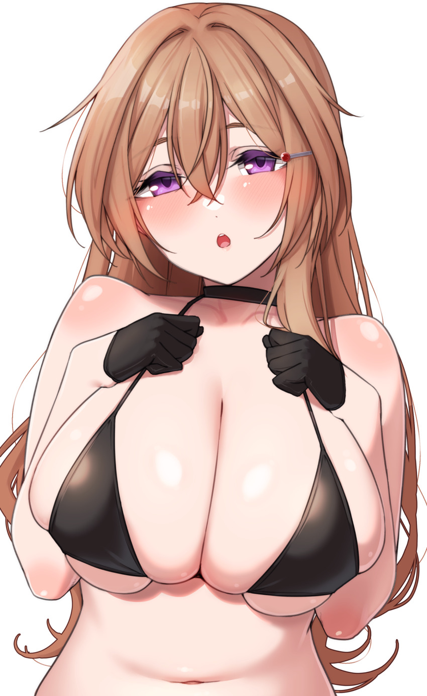 1girl absurdres bikini black_bikini black_choker black_gloves breasts brown_hair choker crossed_bangs gloves hair_ornament hairclip highres konoe_kanata large_breasts long_hair looking_at_viewer love_live! love_live!_nijigasaki_high_school_idol_club micro_bikini nasuno_(nasuno42) navel purple_eyes simple_background stomach swimsuit upper_body white_background