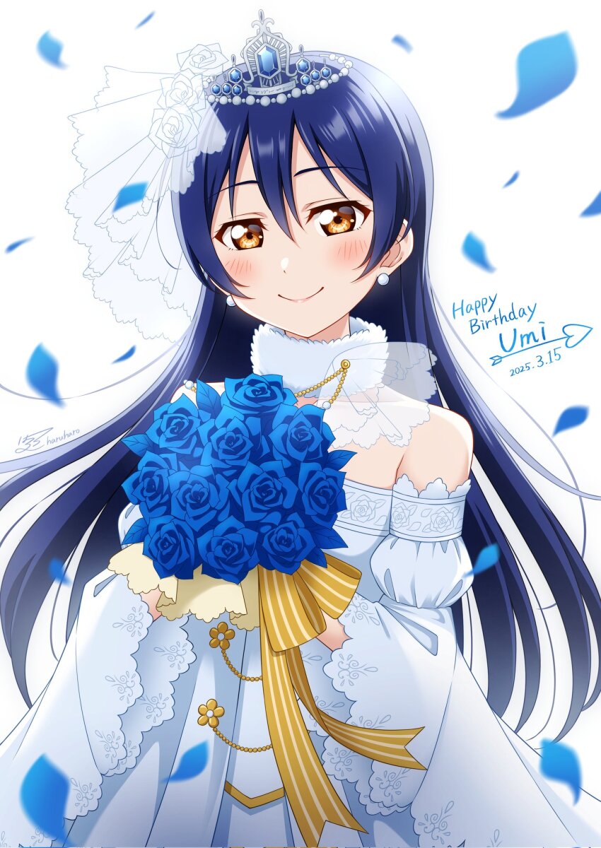 1girl artist_name bare_shoulders blue_flower blue_hair blue_petals blue_rose blush bouquet character_name closed_mouth commentary_request corrupted_twitter_file dated detached_sleeves dress falling_petals flower happy_birthday haruharo_(haruharo_7315) highres holding holding_bouquet long_hair love_live! love_live!_school_idol_project petals rose signature silver_tiara simple_background smile solo sonoda_umi strapless strapless_dress tiara upper_body white_background yellow_eyes