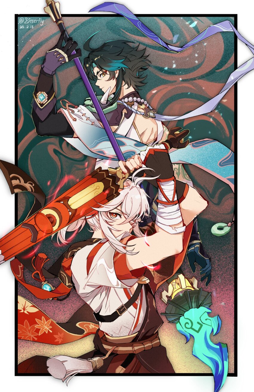 2boys ahoge antenna_hair aqua_hair arm_tattoo arms_up artist_name asymmetrical_gloves asymmetrical_sleeves back_cutout bandaged_arm bandaged_hand bandages bead_necklace beads black_gloves black_haori black_scarf blue_gloves border bow brown_bow cape closed_mouth clothing_cutout commentary_request crossed_bangs dated detached_sleeves eyeshadow facial_mark fingerless_gloves forehead_mark from_behind genshin_impact gloves green_hair hair_between_eyes hand_up haori highres holding holding_polearm holding_sword holding_weapon jade_(gemstone) japanese_clothes jewelry kaedehara_kazuha kimono leaf_print looking_at_viewer looking_back makeup male_focus maple_leaf_print medium_hair mismatched_gloves mismatched_sleeves mitterfly multicolored_hair multiple_boys necklace outside_border parted_bangs polearm ponytail purple_cape purple_ribbon red_eyes red_eyeshadow red_hair red_scarf ribbon scarf serious shirt short_hair short_sleeves shoulder_spikes sidelocks spikes streaked_hair sword tamayuratei_no_ohanashi tassel tattoo toukabou_shigure twitter_username v-shaped_eyebrows vision_(genshin_impact) weapon white_border white_hair white_kimono white_shirt wide_sleeves xiao_(genshin_impact) yellow_eyes