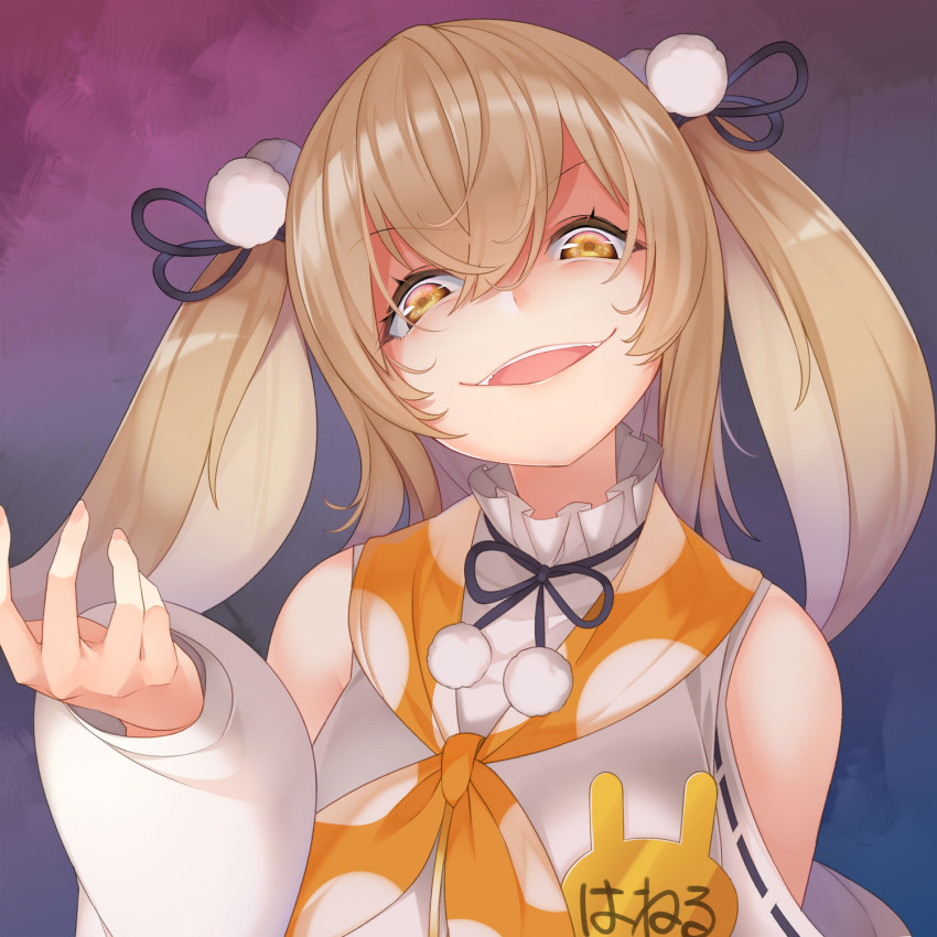 1girl animare black_ribbon brown_eyes brown_hair character_name detached_sleeves evil_smile female_focus hair_between_eyes hair_ribbon half-closed_eyes head_tilt highres inaba_haneru_(animare) kokka_han long_hair long_sleeves looking_at_viewer name_tag nanashi_inc. puffy_long_sleeves puffy_sleeves ribbon ribbon-trimmed_sleeves ribbon_trim shirt sleeveless sleeveless_shirt smile solo twintails virtual_youtuber white_shirt