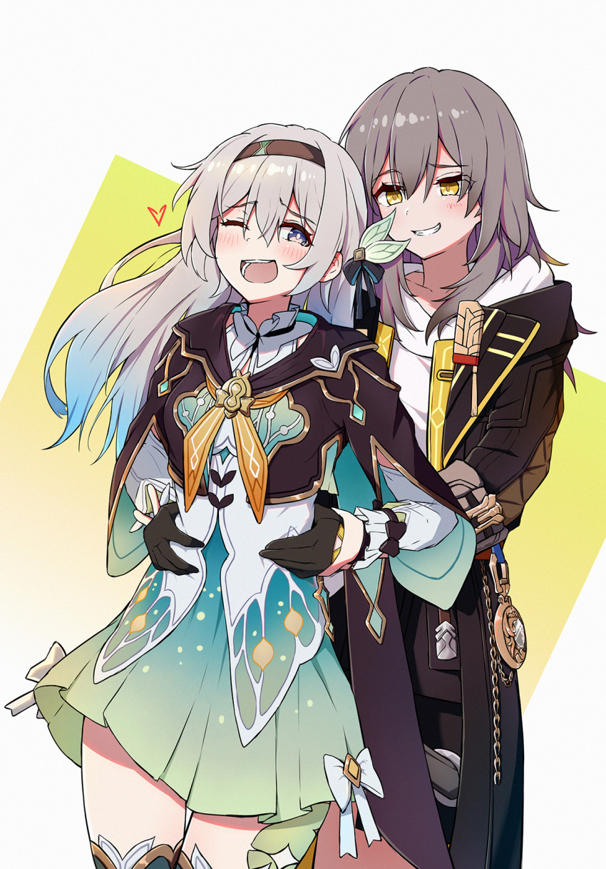 2girls black_coat black_gloves black_hairband blush bow bowtie coat collared_shirt cropped_jacket firefly_(honkai:_star_rail) gloves green_skirt grey_hair hair_between_eyes hair_ornament hairband highres honkai:_star_rail honkai_(series) jacket long_hair multicolored_eyes multiple_girls neckerchief one_eye_closed open_clothes open_coat orange_neckerchief qiufengxiaose ribbon shirt skirt smile stelle_(honkai:_star_rail) tickling tickling_stomach trailblazer_(honkai:_star_rail) two-tone_eyes white_shirt yellow_eyes