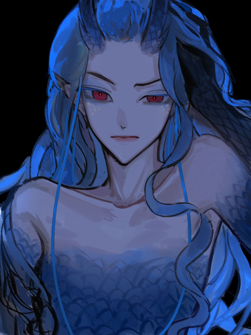 1girl ao_run_(nezha_zhi_motong_jiangshi) blue_hair blue_scales dragon_girl dragon_horns highres horns long_hair nezha_zhi_motong_jiangshi pointy_ears red_eyes shamo24721 solo very_long_hair