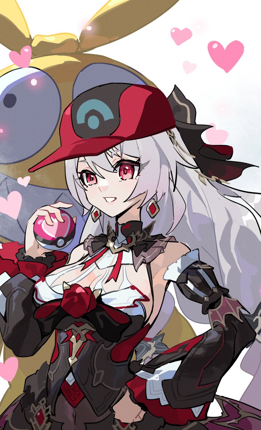 1girl absurdres black_dress breasts cleavage detached_sleeves dress earrings hat heart highres holding holding_poke_ball homu_(honkai_impact) honkai_(series) honkai_impact_3rd jewelry large_breasts long_hair long_sleeves nintendo poke_ball pokemon red_eyes red_hat simple_background theresa_apocalypse theresa_apocalypse_(luna_kindred) theresa_apocalypse_(lunar_vow:_crimson_love) upper_body white_background white_hair xinliu_asato