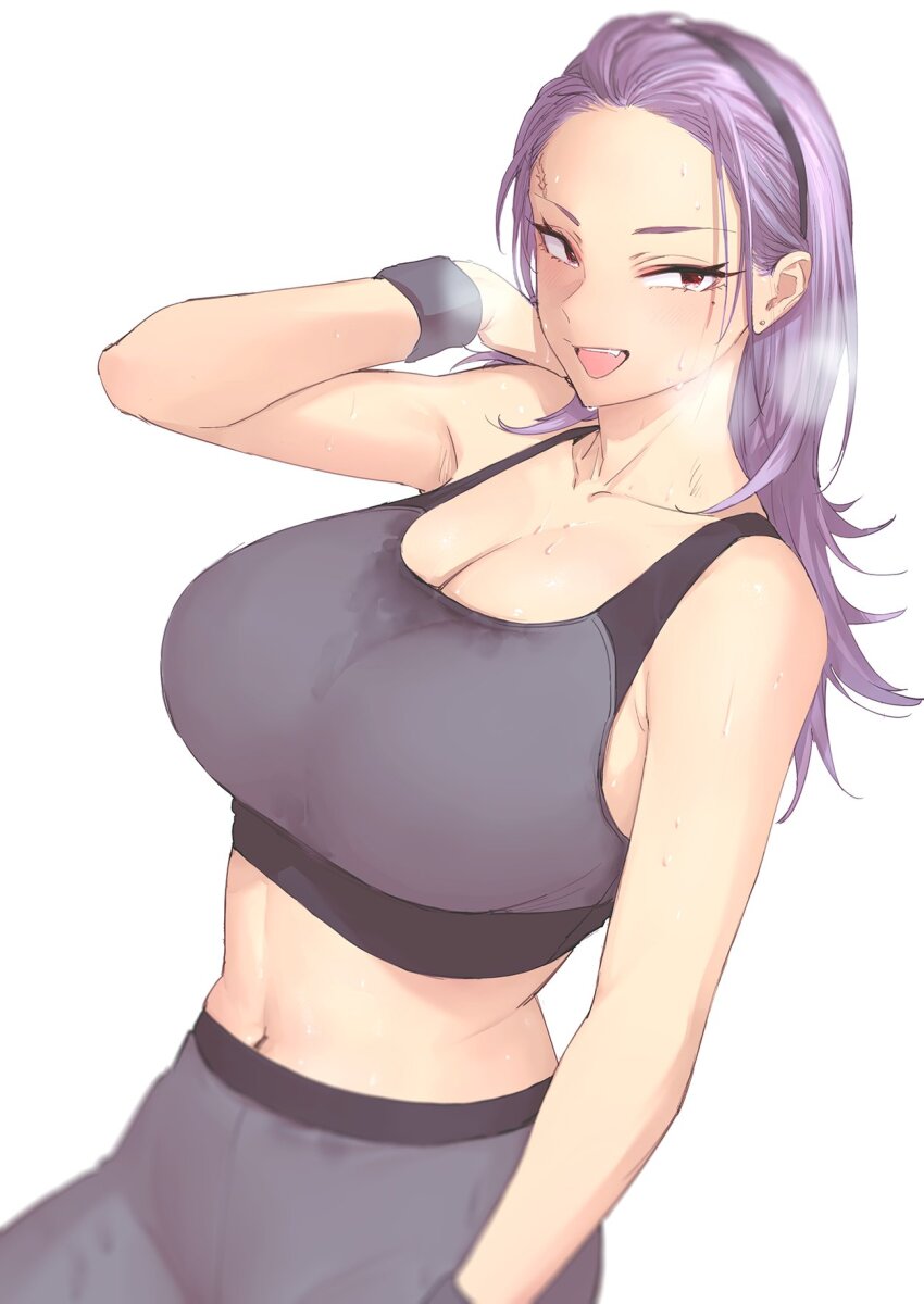 1girl :d bare_arms bare_shoulders black_hairband breasts cleavage commentary_request cowboy_shot dutch_angle earrings goshiki_suzu grey_pants grey_sports_bra hair_pulled_back hairband highres jewelry large_breasts long_hair midriff mole mole_under_eye navel open_mouth original pants purple_hair red_eyes scar scar_on_face scar_on_forehead simple_background smile solo sports_bra sportswear tokiwa_nao white_background wristband