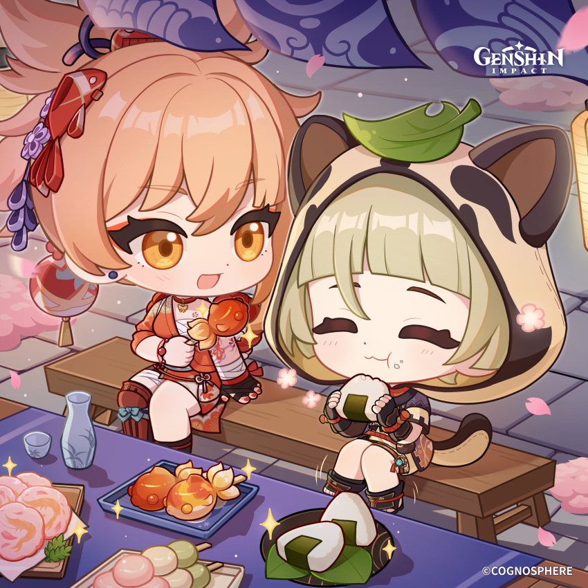 2girls absurdres animal_ear_hood animal_ears arm_tattoo bandaged_arm bandaged_leg bandages blunt_bangs boots bracelet breasts cherry_blossoms chest_sarashi chest_tattoo chibi choker closed_eyes closed_mouth commentary copyright_name dango dot_nose eating english_commentary fake_animal_ears fake_tail falling_petals fingerless_gloves food food_on_face genshin_impact gloves hair_ornament hands_up highres holding holding_food hood hood_up japanese_clothes jewelry leaf leaf_on_head looking_at_another makeup motion_lines multiple_girls nail_polish official_art on_bench onigiri open-toe_boots orange_eyes petals red_choker sarashi sayu_(genshin_impact) sitting smile tail tassel tattoo tile_floor tiles vision_(genshin_impact) wagashi yoimiya_(genshin_impact)