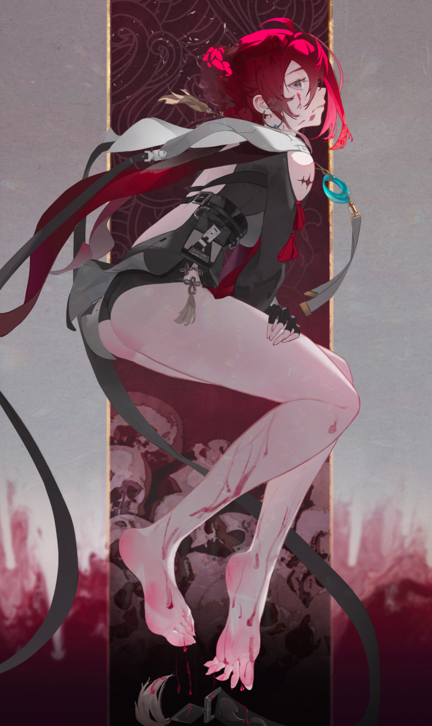 1girl abstract_background absurdres ass back backless_outfit barefoot belt black_gloves black_shirt black_shorts blood blood_drip blood_on_face blood_on_feet blue_eyes clothing_cutout commentary crescent crescent_necklace danjin_(wuthering_waves) earrings expressionless fingerless_gloves floating folded_braid from_side full_body gloves hair_intakes highres hoop_earrings jewelry legs long_sleeves necklace parted_lips red_hair shirt short_hair short_shorts shorts shoulder_cutout side_slit side_slit_shorts skull_background solo tacet_mark_(wuthering_waves) tassel thighs toes wuthering_waves zhazero7