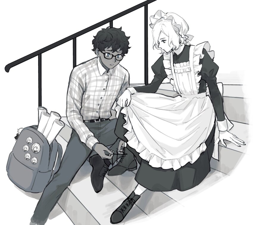 2boys alternate_costume androgynous apron backpack bag crossdressing dark-skinned_male dark_skin dress dungeon_meshi elf enmaided frilled_apron frills glasses greyscale hat highres kabru long_sleeves maid maid_apron male_focus male_maid mithrun mob_cap monochrome multiple_boys norinorirandom pants pointy_ears shirt short_hair sitting trap tying_footwear wavy_hair