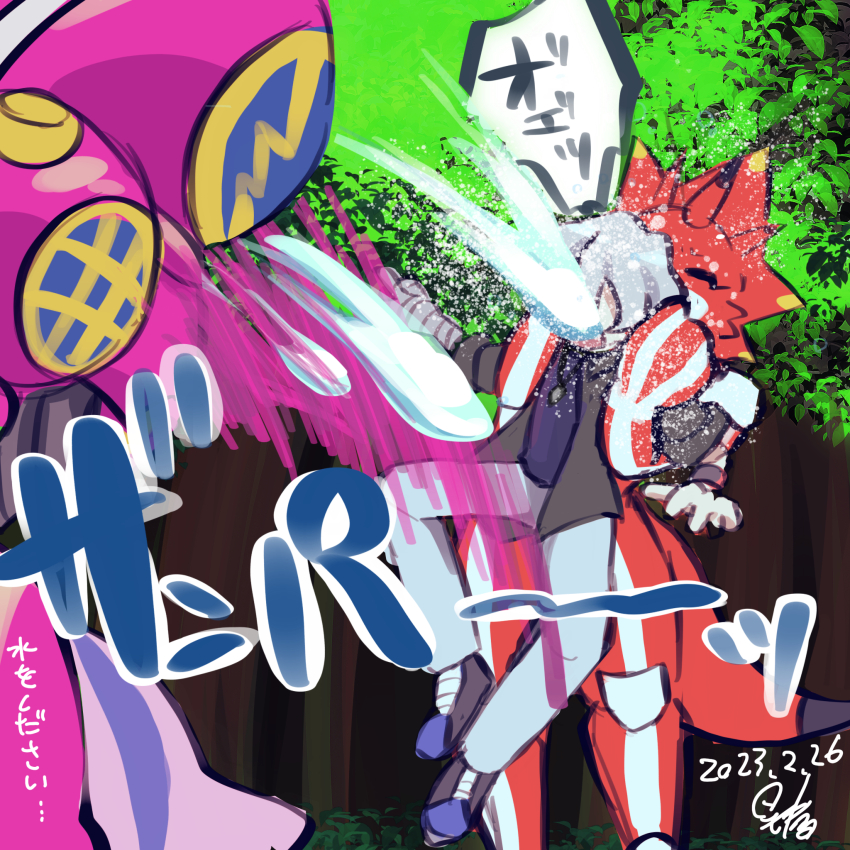 amphimon android armor bandaged_arm bandages betelgammamon blue_eyes digimon digimon_(creature) digimon_ghost_game diving_suit full_armor gynoid higashimitarai_kiyoshiro highres mecha_girl robot_girl short_hair translation_request white_hair