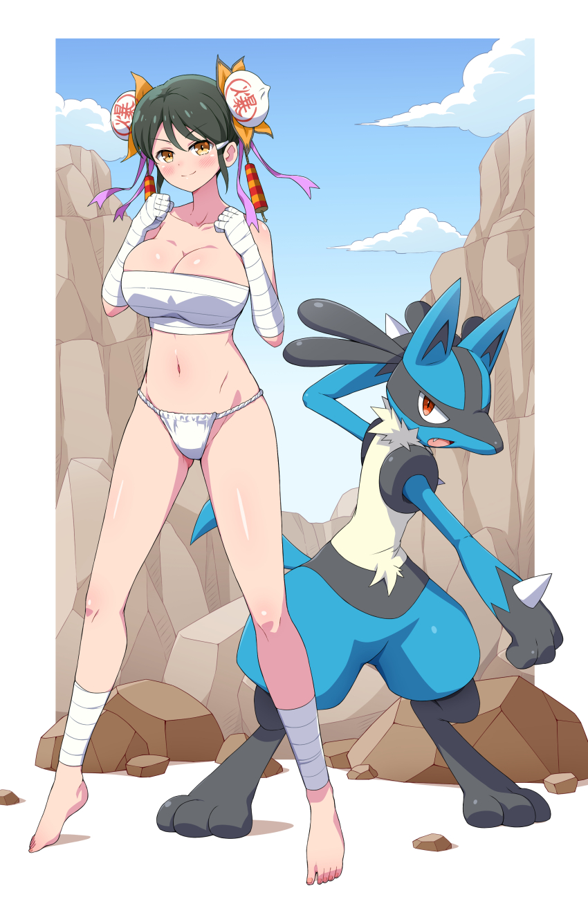 1girl absurdres animal_ears bandaged_arm bandaged_fingers bandaged_hand bandaged_leg bandaged_wrist bandages baozi_hair_ornament black_fur black_hair blue_fur blue_sky blush body_blush body_fur boulder breasts budget_sarashi chest_sarashi chinese_clothes cleavage clenched_hands cliff cloud collarbone commission crossover day double_bun eggman_(ni_tamagoex) fang firecrackers food food-themed_hair_ornament fundoshi fuse gen_4_pokemon gluteal_fold groin hair_between_eyes hair_bun hair_ornament hairclip hairpin highres japanese_clothes large_breasts linea_alba looking_at_viewer lucario meimei_(senran_kagura) multicolored_fur nintendo open_mouth orange_eyes outdoors panties pokemon pokemon_(creature) purple_ribbon ribbon rock sarashi senran_kagura senran_kagura_new_wave shiny_skin short_hair skeb_commission sketch sky smile snout spikes standing steamed_bun swept_bangs tail tiptoes toenails underwear v-shaped_eyebrows white_panties yellow_fur