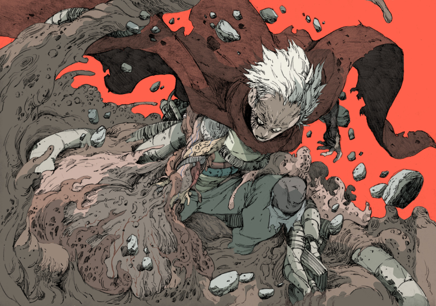 1boy akira_(manga) black_eyes cape graphite_(medium) k9999 look-alike makkamu male_focus mechabare mechanical_pencil pencil red_background rubble shima_tetsuo short_hair solo traditional_media white_hair