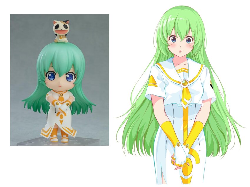 1girl alice_carroll andanden animal animal_on_head aqua_hair aria_(manga) blue_eyes blush breasts cat cat_on_head collarbone commentary_request cowboy_shot dress fingerless_gloves gloves gold_gloves yellow_necktie green_hair hair_between_eyes highres impossible_clothes impossible_dress long_hair looking_at_viewer nendoroid on_head open_mouth orange_planet_uniform own_hands_together photo_inset president_maa print_dress reference_inset sailor_collar short_sleeves side_slit sidelocks small_breasts two-tone_gloves white_background white_dress white_gloves