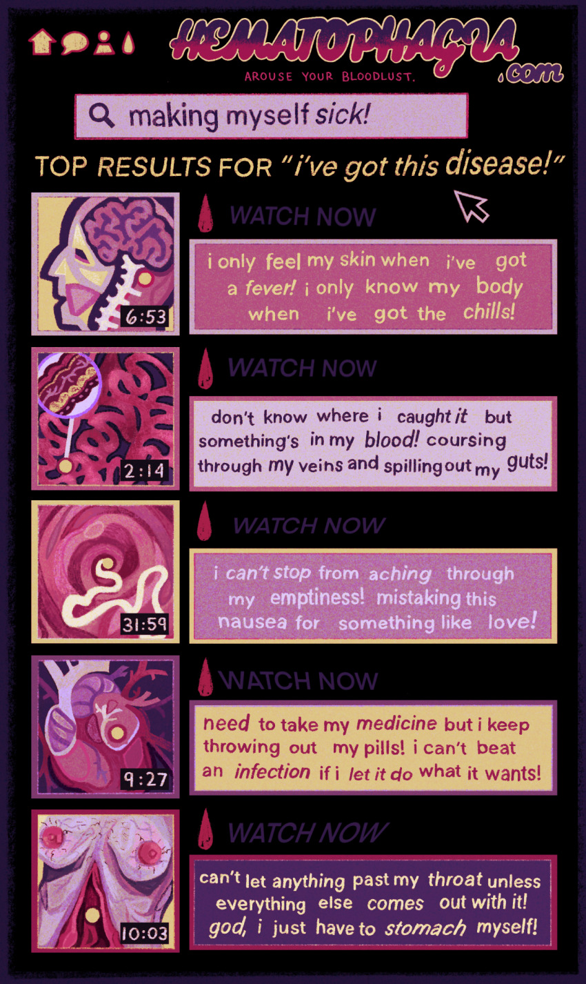 black_background blood blood_drop body_hair border brain breasts breasts_out cursor english_text fake_website film_grain guro heart_(organ) highres icon_(computing) implied_vomiting internet intestines original parasite pink_border purple_border purple_theme quezify search_bar spine user_interface veins veiny_breasts video_thumbnail yellow_border yonic_symbol