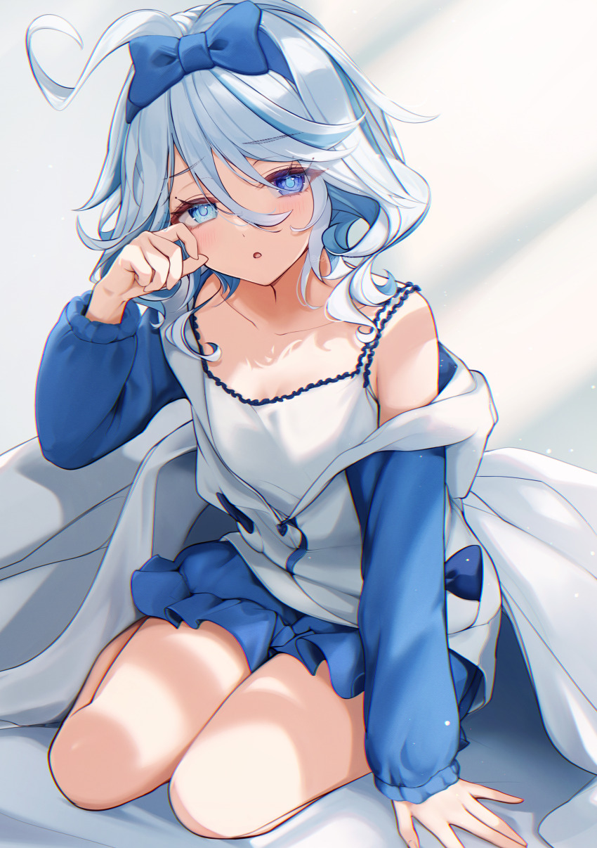 1girl absurdres ahoge alternate_costume asahi_(vjss4548) bed_sheet blanket blue_bow blue_eyes blue_hair blush bow breasts cleavage collarbone colored_inner_hair fingernails full_body furina_(genshin_impact) furrowed_brow genshin_impact hair_between_eyes hair_bow heterochromia highres indoors light_blue_hair looking_at_viewer multicolored_hair one_eye_closed short_hair sidelocks simple_background sitting small_breasts solo streaked_hair two-tone_hair window_shadow